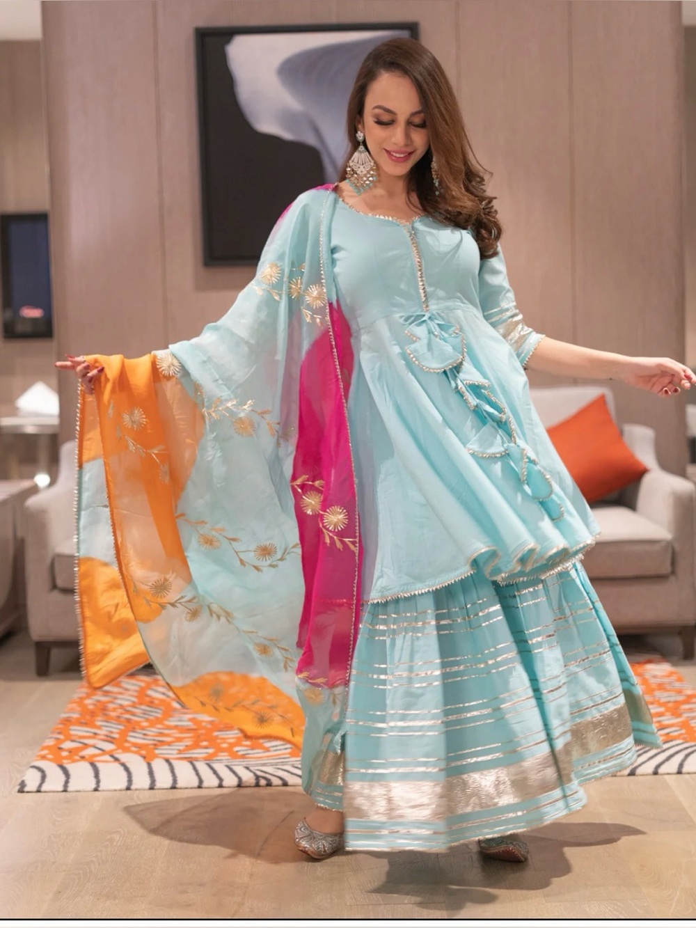 Sky Blue Blue Gotapatti Sharara Set with Pink & Orange Dupatta